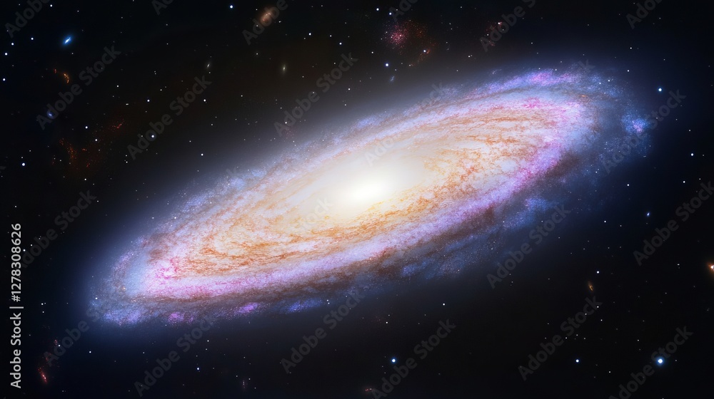 Naklejka premium Spiral galaxy in deep space with bright core and nebulous surroundings