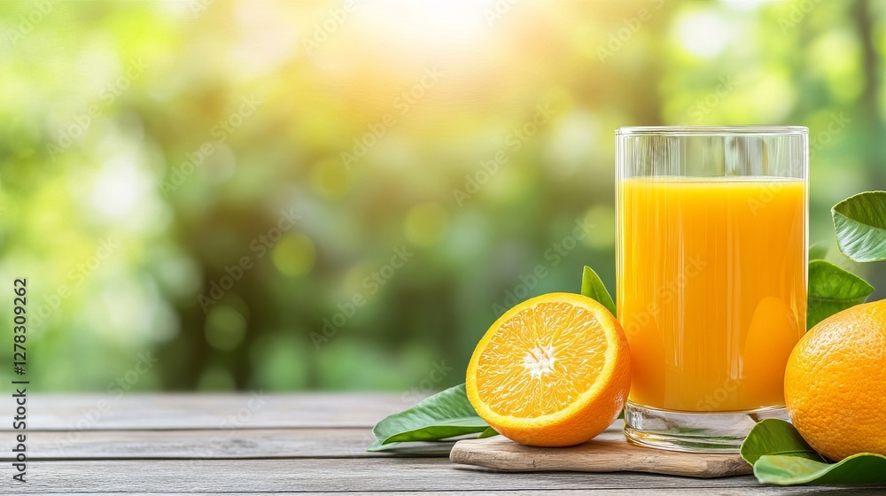 Naklejka premium Fresh orange juice with whole and sliced oranges on wooden table in sunlit garden