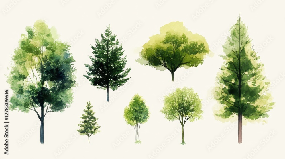 Obraz premium A collection of diverse green trees illustrated in a watercolor style, showcasing various shapes and shades of green against a light background.