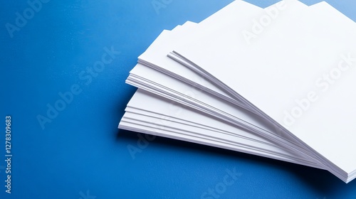 Stack of white printer paper on blue background for office or school use