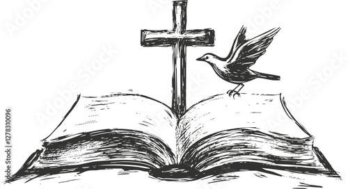 Illustration of an open Bible with a cross and a bird.