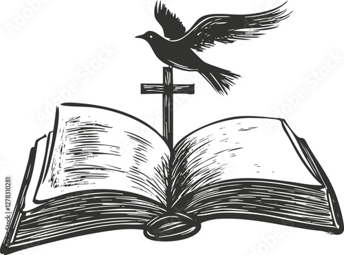 Illustration of an open book with a bird flying above a cross.