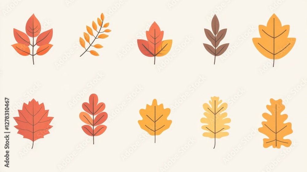 Obraz premium A colorful collection of illustrated autumn leaves in various shapes and shades of red, orange, and yellow, creating a warm seasonal aesthetic.