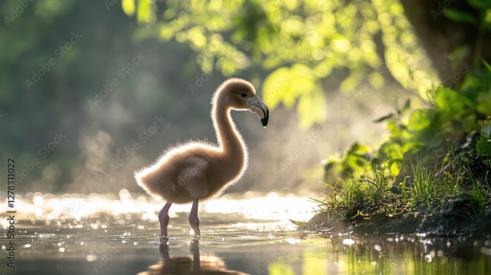 Fototapeta premium Charming Baby Flamingo Wading in Serene Misty Pond Environment