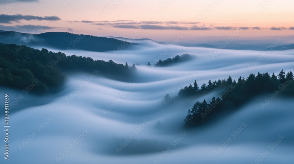 Fototapeta premium A serene landscape featuring rolling mist over a tranquil valley, blending lush greenery with soft hues of early morning light.