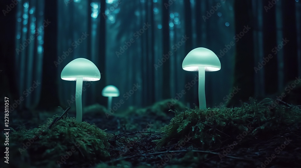 Fototapeta premium Glowing mushrooms illuminate mysterious forest scene at night