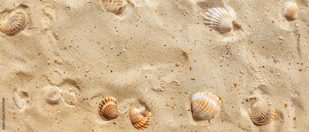 Sandy beach with shells and footprints, great for summer greeting cards or advertising beach resorts. Sandy beach with shells and footprints, great for summer greeting cards or advertising beach resorts.