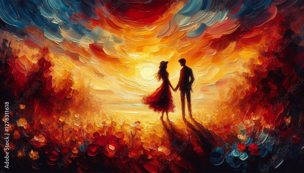 Fototapeta premium Ethereal Sunset Embrace: A Couple's Journey into the Radiant Horizon 