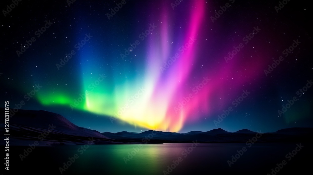 Vibrant northern lights display over snowy mountains and calm lake reflection Vibrant northern lights display over snowy mountains and calm lake reflection