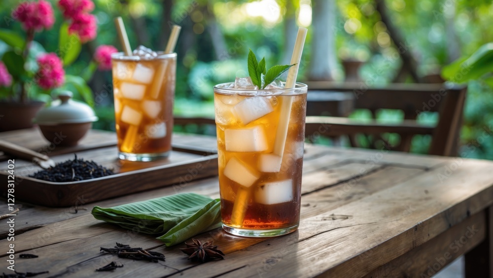 Ice Thai Tea Served On A Wooden Table In A Lush Garden Refreshing Summer Beverage With Ice Cubes Green Leaves And Copy Space For Text Ice Thai Tea Served On A Wooden Table In A Lush Garden Refreshing Summer Beverage With Ice Cubes Green Leaves And Copy Space For Text