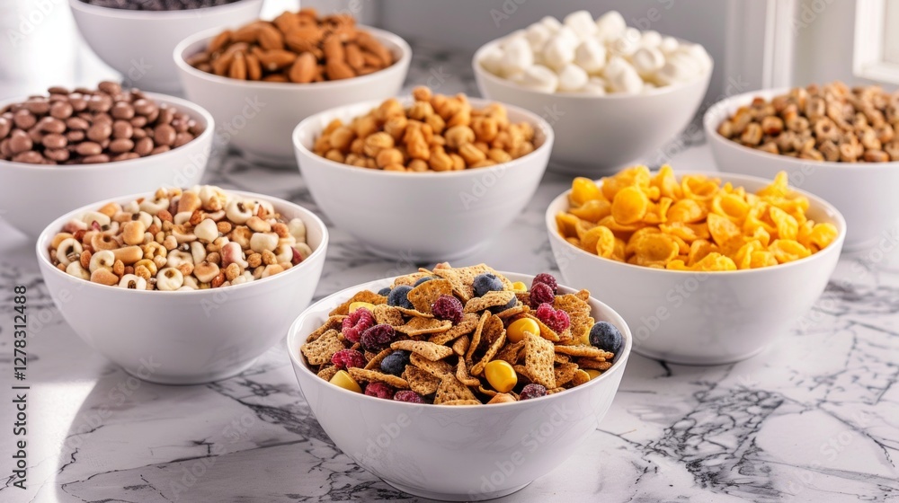 A variety of cereals and cereal in white bowls on a marble table would be good for healthy eating articles, cereal product adverts and cookery blogs. A variety of cereals and cereal in white bowls on a marble table would be good for healthy eating articles, cereal product adverts and cookery blogs.