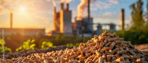 Factory landscape with smoking chimneys and pellets, suitable for materials about industry and ecology.