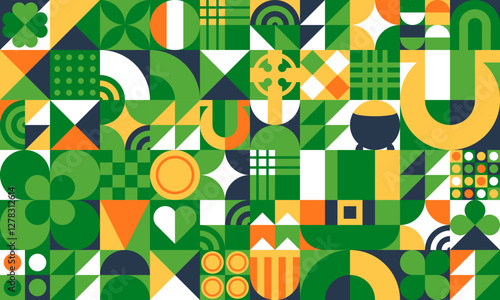 Patrick day geometric background featuring shamrocks, celtic crosses, pots of gold and horseshoes in green, orange, yellow and white. Festive abstract pattern captures Irish heritage and celebration