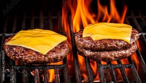 Generated imBeef burger patties cooking on an open-flame BBQ grill, with melted cheese bubbling on top.age