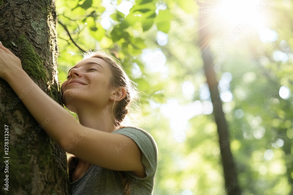 Woman hugging tree, sunlight forest, nature connection, eco-friendly