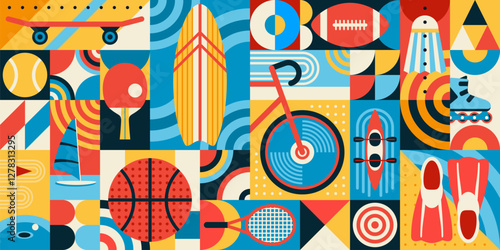 Abstract sport geometric pattern with sports equipment including skateboard, surfboard, basketball, tennis racket, golf and kayaking. Vector background with retro modern athletic or leisure aesthetics