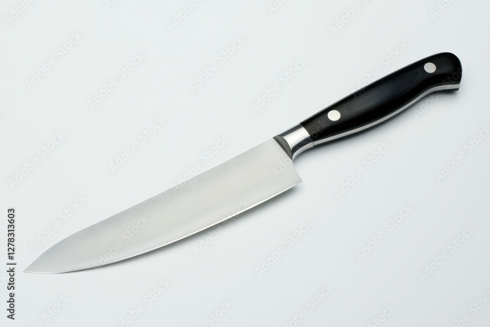 Kitchen knife with black handle lies on white background Kitchen knife with black handle lies on white background