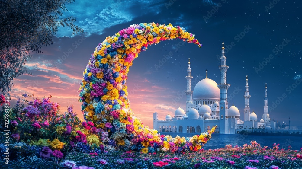 Obraz premium Vibrant floral crescent moon design with mosque silhouette beneath a luminous night sky