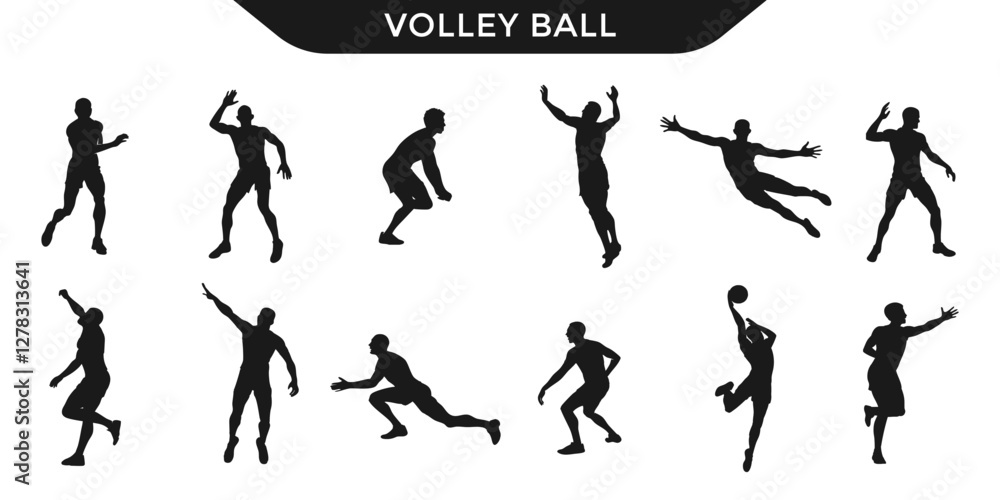 Collection of volleyball players silhouettes in various action poses Collection of volleyball players silhouettes in various action poses