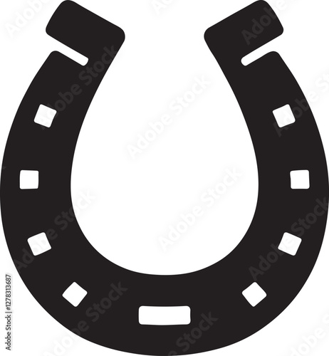 A black horseshoe icon on a white background, shaped in a classic "U" with rounded edges and small circular holes along its curve, symbolizing luck and protection in a simple, clean design.
