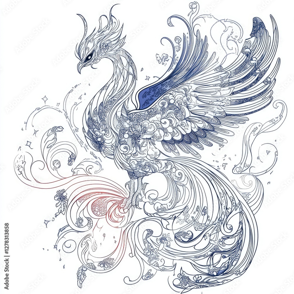 Obraz premium Intricate Line Art Phoenix Mythical Bird in Floral Design