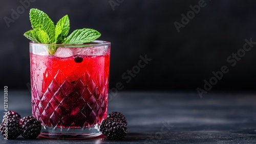 A refreshing cocktail with blackberries and mint, served in a crystal glass, against a dark background.