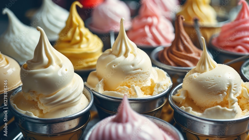 Naklejka premium Colorful Assortment of Italian Gelato in Cups with Soft Swirls and Copy Space for Text