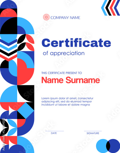 Certificate of appreciation template with abstract geometric pattern, vector background. Certificate of appreciation or diploma layout template with modern geometric pattern for education award