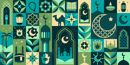 Islamic Ramadan modern geometric pattern background with Muslim mosque and Koran book, vector symbol. Ramadan Kareem Islam religious holiday pattern background with Arabian mosque and crescent moon