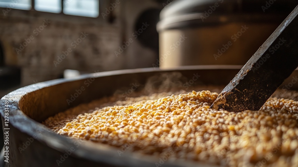 A fermentation process where grains are soaked and mashed to create an ancient brew, reflecting centuries-old brewing techniques. A fermentation process where grains are soaked and mashed to create an ancient brew, reflecting centuries-old brewing techniques.