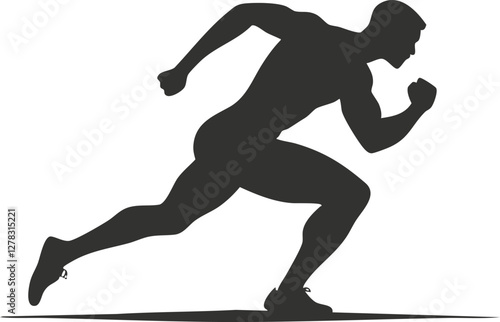 Silhouette of a running athlete in dynamic motion on white background.