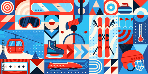 Winter sport abstract geometric pattern background. Vector modern, stylish tile showcasing winter sports equipment, including skis, helmets, goggles and hockey sticks, with clean lines and bold shapes