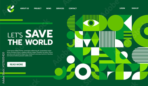 Landing page environment ecology theme with green abstract geometric pattern vector template. Simple graphic web banner or transition website landing page template with modern geometric border