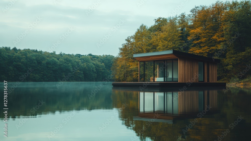 A floating tiny home on a calm lake, featuring a modern design with large glass windows reflecting the water A floating tiny home on a calm lake, featuring a modern design with large glass windows reflecting the water