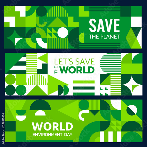 Environment ecology banners with green modern geometric pattern. Abstract vector graphic background with simple geometry mosaic of green triangle, circle, square shapes. World environment Day banners