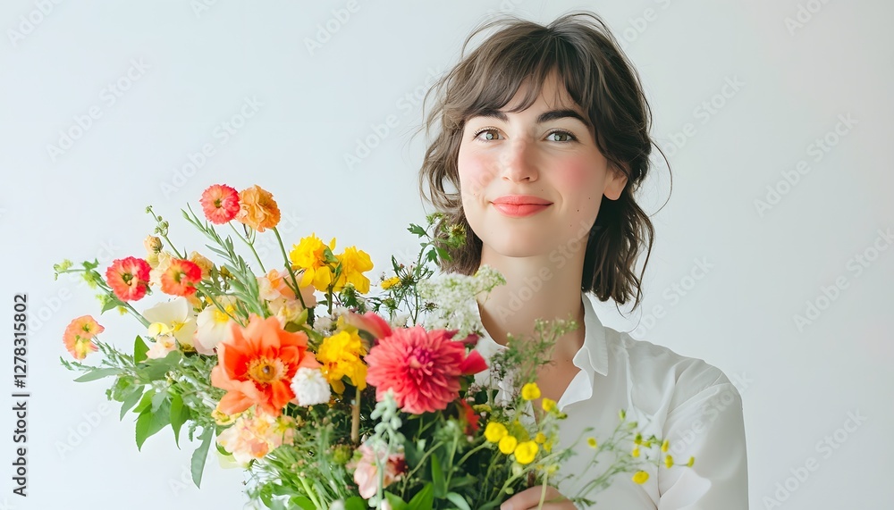 Woman holding a vibrant bouquet of flowers smiling softly Woman holding a vibrant bouquet of flowers smiling softly