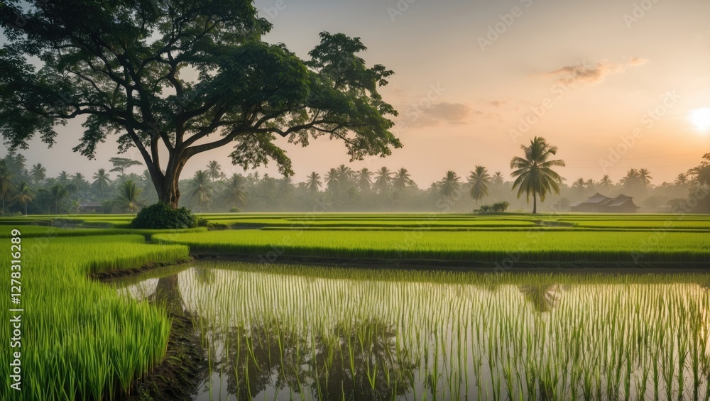 Serene Morning Landscape with Lush Rice Fields and Majestic Tree Reflected in Calm Water Serene Morning Landscape with Lush Rice Fields and Majestic Tree Reflected in Calm Water