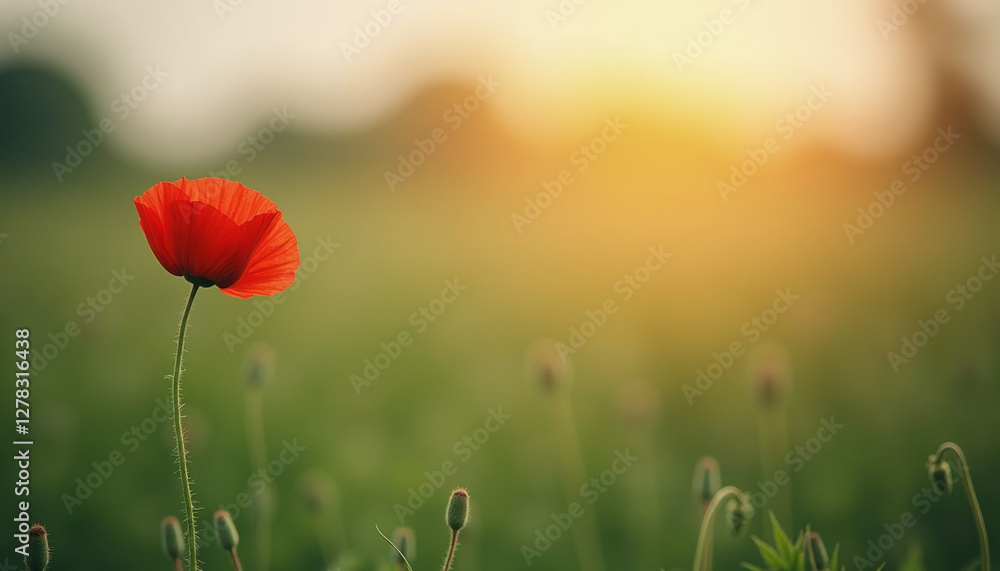 Minimalist nature shot of a single red poppy standing out in a green meadow with warm diffused lighting Minimalist nature shot of a single red poppy standing out in a green meadow with warm diffused lighting