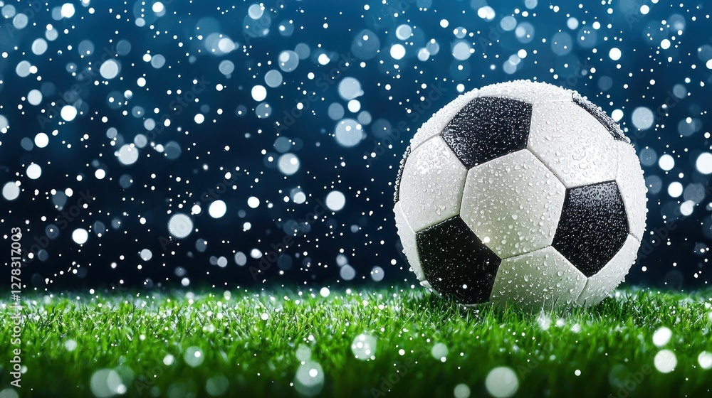 Naklejka premium Soccer ball on grass in winter snow