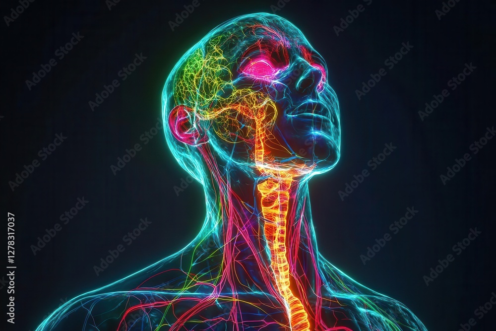 anatomical visualization of neural pathways glowing in neon colors against dark background, 3d medical illustration