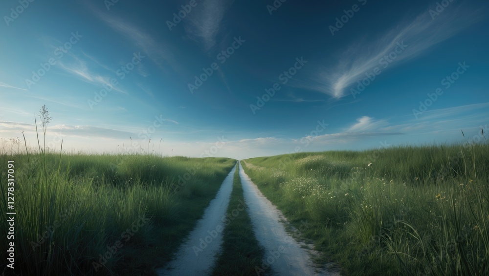 Serene Meadow Pathway Under Clear Blue Sky Tranquil Nature Landscape Scenery Perfect for Outdoors and Travel Themes Serene Meadow Pathway Under Clear Blue Sky Tranquil Nature Landscape Scenery Perfect for Outdoors and Travel Themes
