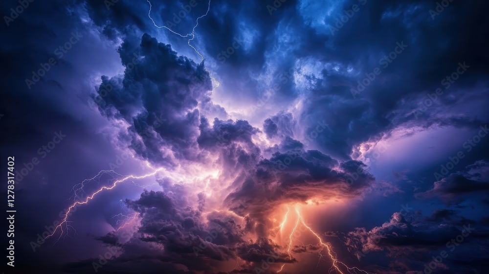 Fototapeta premium A dramatic stormy sky with swirling clouds illuminated by bright lightning strikes, showcasing the raw power of nature.
