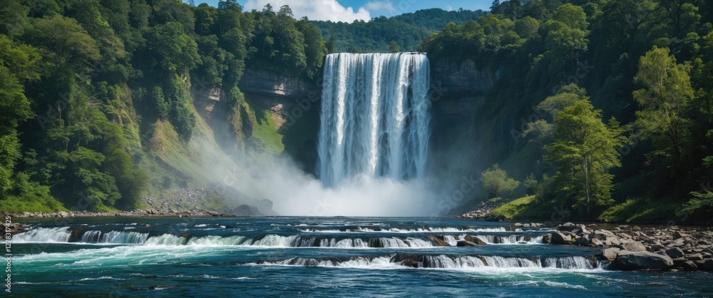 Naklejka premium Majestic waterfall cascading into a serene river surrounded by lush green forest under a bright blue sky.