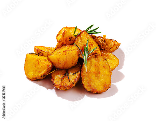 Crispy roasted potatoes with herbs on a white background