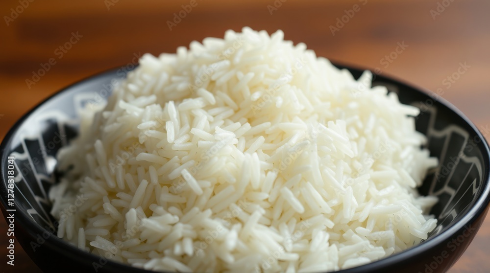 A heaping bowl of fluffy, cooked rice, a staple food prepared for a meal, sitting on wood table A heaping bowl of fluffy, cooked rice, a staple food prepared for a meal, sitting on wood table