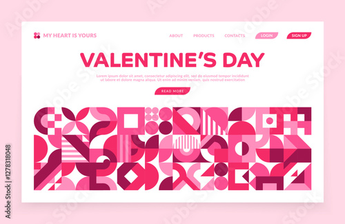 Valentine day holiday landing page template with geometric shapes, vector web background. Valentine day love holiday landing page or website template with menu buttons and user login webpage layout