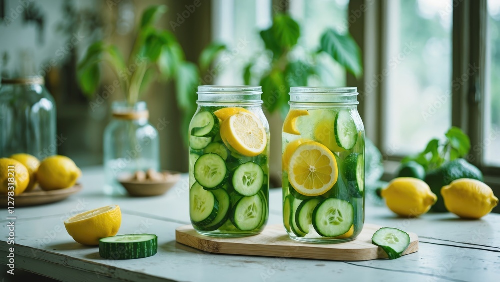 Refreshing Lemon and Cucumber Detox Water in Jar with Fresh Ingredients and Natural Light on Rustic Table Refreshing Lemon and Cucumber Detox Water in Jar with Fresh Ingredients and Natural Light on Rustic Table