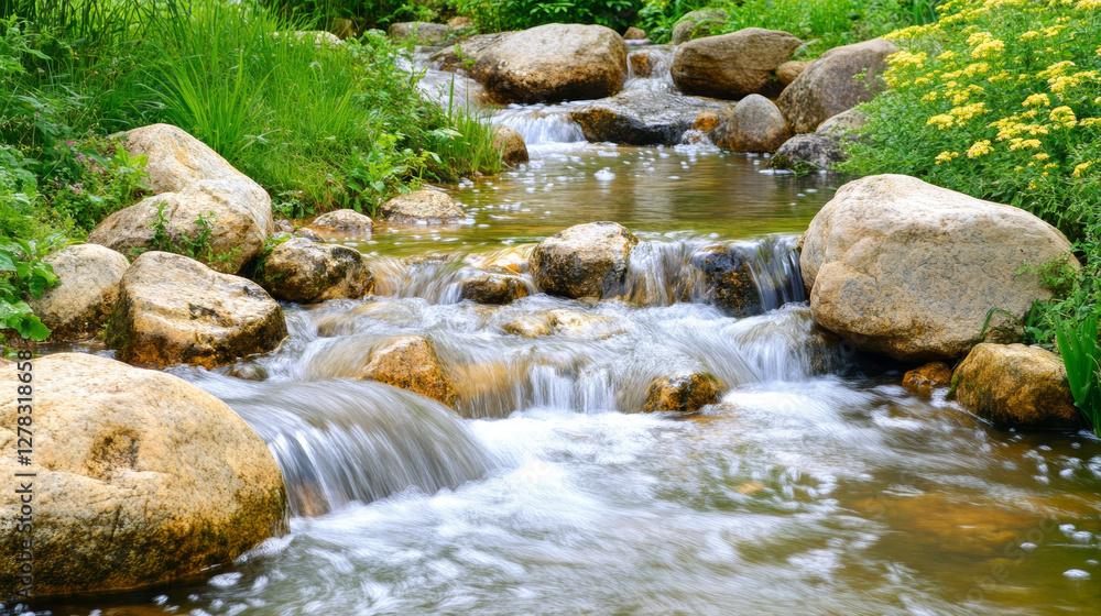 Serene mountain stream flowing over smooth rocks in a forest, illuminated by golden sunlight. Crystal-clear water cascades over moss-covered stones, creating a peaceful nature scene.
Serene mountain stream flowing over smooth rocks in a forest, illuminated by golden sunlight. Crystal-clear water cascades over moss-covered stones, creating a peaceful nature scene.