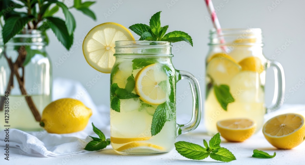 Fototapeta premium Refreshing Lemonade with Mint and Lemon Slices in Mason Jars Surrounded by Fresh Ingredients on a Light Background