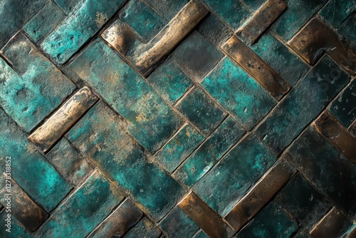ancient brass surface with complex patina patterns, rich verdigris textures and weathered copper tones in dramatic lighting